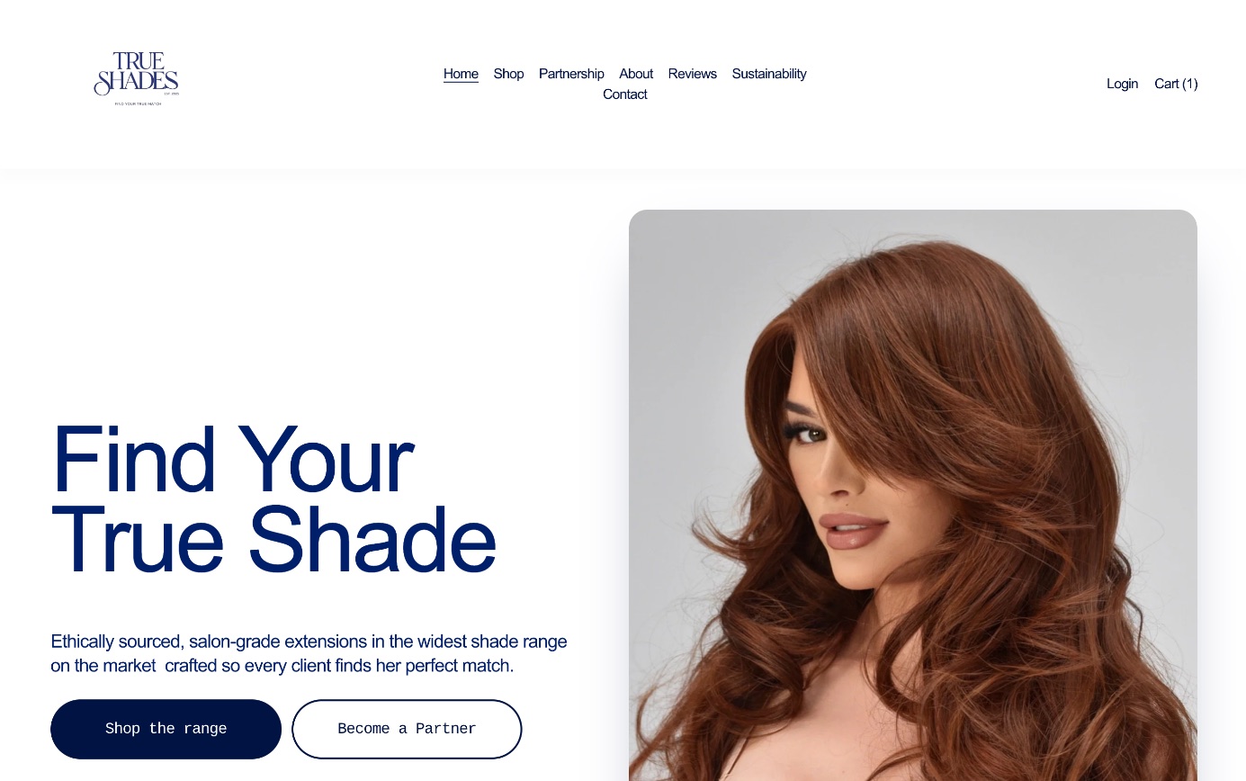 The trueshades.co.uk homepage: navigation, the headline "Find Your True Shade", the brand copy, and the buttons to shop and to become a partner